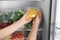 Woman taking plastic bag with frozen corn from refrigerator, closeup