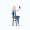 Woman taking selfie photo on smartphone camera blonde female cartoon character sitting on chair posing on white