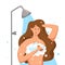 Woman taking shower in bathroom. Vector illustration of happy girl washing herself with shampoo and soap.