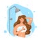 Woman taking shower in bathroom. Vector illustration of happy girl washing herself with shampoo and soap.