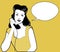 Woman talking on the phone. Speech balloon on the background