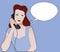 Woman talking on the phone. Speech balloon on the background