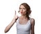 Woman in tank top show finger attention emotion