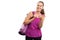 Woman in tanktop holding mat making like gesture with copyspace