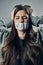 Woman, tape and mouth with quiet protest, social activism and global economy crisis by background. Inflation, gen z girl