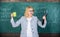 Woman with tea cup and document folder chalkboard background. Time to relax. Teacher drink tea or coffee and stay