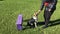 Woman teach dog to wriggle under garden bench