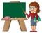 Woman teacher standing by schoolboard