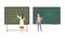 Woman Teacher or University Professor Standing in Front of Chalkboard Explaining Lesson Vector Set