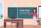 Woman teacher writing home work at chalk board modern school classroom interior female cartoon character full length