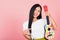 Woman teen confident smiling face hold acoustic Ukulele guitar