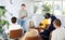 Woman tells an interesting story. Multinational students listening carefully in classroom