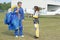 Woman thanks instructor after tandem skydive