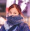 Woman in thick winter clothing in Japanese winter portrait for Japanese winter holidays fashion concept