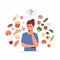 Woman think about healthy and unhealthy food. Vector illustration of young woman surrounded by fruits and vegetables