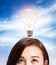 Woman thinking idea with light bulb on her\'s head.