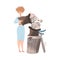 Woman Throwing Blown Light Bulb in Dustbin as Lack of Idea and Solution Vector Illustration