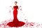 Woman Throwing Petals Roses Flowers in Red Evening Dress, Elegant Fashion Model in Long Gown on white