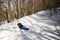 Woman tired of hiking up the hill in winter. Woman lying on a snow in forest