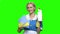 Woman with toilet cleaner bottle and napkins for cleaning.