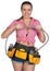 Woman in tool belt holding flexible tap hose