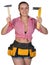 Woman in tool belt holding hammer and angle ruler