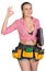 Woman in tool belt, with laptop under her armpit