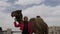Woman touches camel