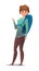 Woman tourist backpacker. Girl with backpack on his back. Cheerful person. Standing pose. Cartoon comic style flat