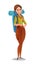 Woman tourist backpacker. Girl with backpack on his back. Cheerful person. Standing pose. Cartoon comic style flat