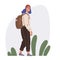 Woman tourist with big bag, backpack. Female traveler hiker travels with camping rucksack