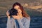 woman tourist camera landscape nature vacation travel