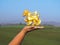 Woman tourist hand over blurry Large golden Singha Lion statue at sunrise sky background