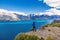 Woman tourist hiking, Chile travel, Bertran lake and mountains beautiful landscape, Chile, Patagonia, South America