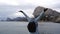 A woman tourist raises her hands up, standing on a pier above the sea against the background of the sky and mountains