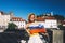 Woman tourist with slovenian flag in Ljubljana, Slovenia, Europe