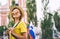 Woman tourist with slovenian flag in Ljubljana, Slovenia, Europe