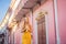 Woman tourist on the Street in the Portugese style Romani in Phuket Town. Also called Chinatown or the old town