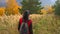 Woman tourist walking in the fall forest on sunny autumn day. Hiker traveler woman with backpack hikking on mountain at