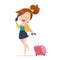Woman tourist walking with suitcase on white background