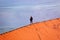 Woman tourist walking on top of dune in Namib desert, holiday travel in Africa, Namibia