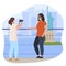 Woman tourists taking photo on background of sightseeing Statue of Liberty vector flat illustration