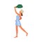 Woman in towel with broom standing in bathhouse vector illustration