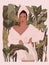 Woman with a towel on her head and bathrobe. SPA beauty and health concept. Tropical leaves illustration in flat style