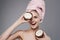 Woman with a towel on her head shower clean skin coconut cosmetics natural