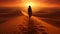 woman in traditional Emirati dress walking in a desert in strong wind and sunset. - Generative ai.