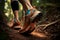 A woman trail runner walking on a forest path with a close-up view of her trail running shoes. AI