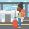 Woman at the train station vector illustration.