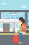 Woman at the train station vector illustration.