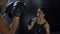 Woman training boxing personal trainer. Instructor teaching female boxer fighting practice together.